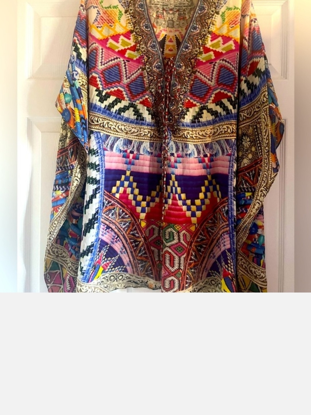 Camilla Multicolor Printed Silk Kaftan with Beaded Neckline
